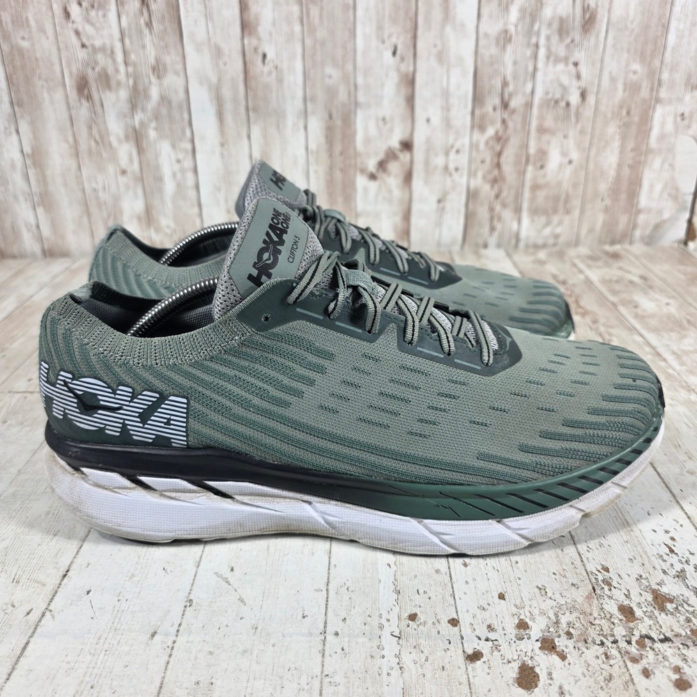 Hoka One One Clifton 5 Knit Mens 12 Spruce Green Running Shoes 1094309 SPCGN